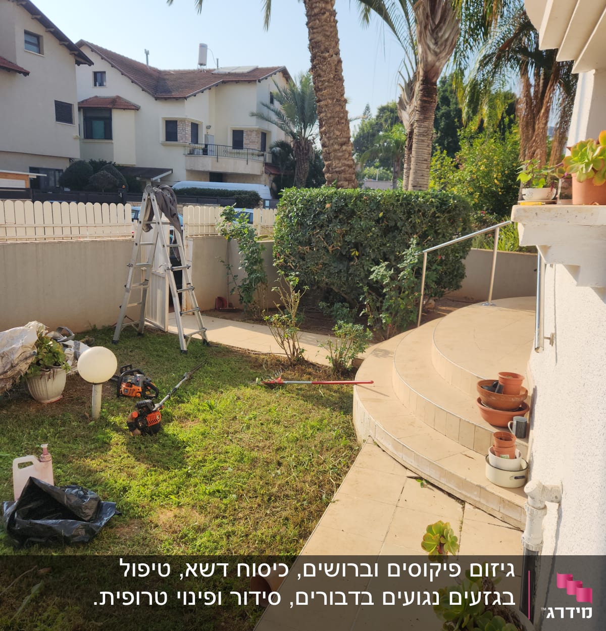 כלי גינון על דשא, סולם, עציצים, מכסחת דשא